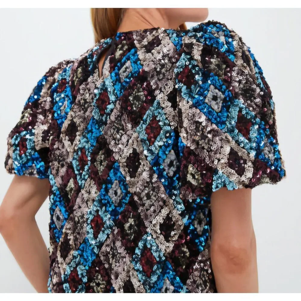 Nwt - Tuckernuck -‎ S - Pomander Place Multi Sequin Jada Blouse Blue